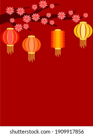 Blooming Sakura Flowers and Lanterns illustration for Chinese New Years Banners, backgrounds, templates, greeting and invitation cards design and other purposes