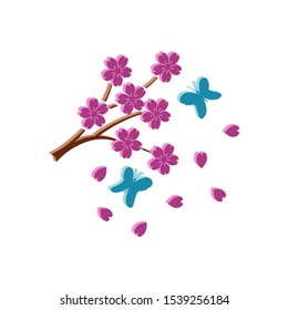 Blooming sakura and flying butterflies.Isometric and 3D view.