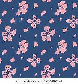 Blooming sakura with flying petals. Continuous pattern for use as background print in flat illustration style