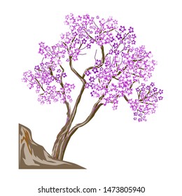 Blooming sakura isolated on a white background. hand drawing design of tree with flowers. Cherry blossoms, vector illustration.