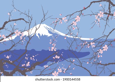 Blooming sakura on the background of a mountain covered with snow. Vector illustration, banner, postcard.