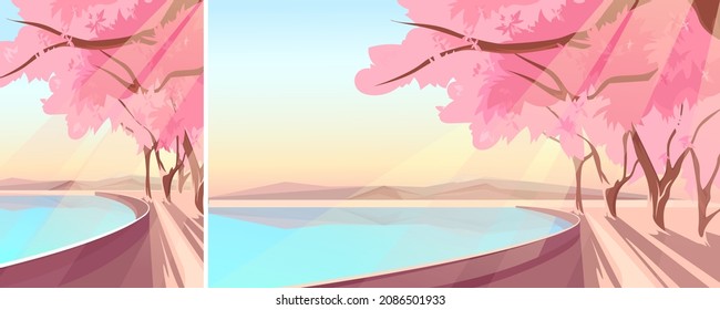 Blooming sakura on lake bank. Nature landscape in different formats.