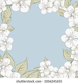 Blooming sakura rectangle frame around text place over blue background. Vector illustration.