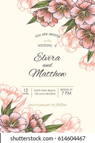 Blooming sakura. Spring flowering almond, apple, cherry or peach tree. Vintage botanical background can be used for invitation or greeting card. Floral hand drawn illustration. Save the date card