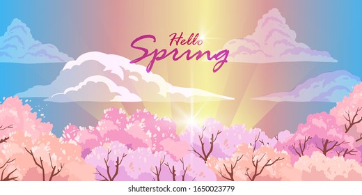 Blooming sakura stock background with rays, flare, clouds, cherry trees and sky. Spring banner in pink and violet colors. Vector horizontal landscape with plum garden tops. 