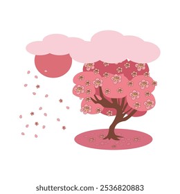 Blooming sakura and sun under clouds on white background - color vector illustration for design of cards, invitations, banners, packaging