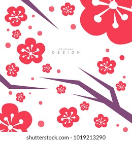 Blooming sakura, traditional asian pattern card, original design, decorative element colorful vector illustration