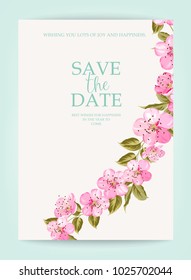 Blooming sakura tree branch at the bottom of vertical invitation card isolated over white background and text place in center. Congratulation text card with Save the date sign.