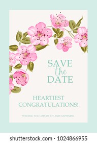 Blooming sakura tree branch on the top of vertical invitation card isolated over white background and text place in center. Congratulation text card with Save the date sign.