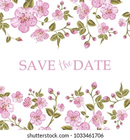 Blooming sakura tree branch on the invitation card isolated over white background and text place in the center. Congratulation text card with Save the date sign. Vector illustration.