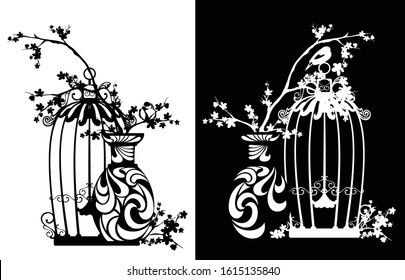 blooming sakura tree branches bouquet in traditional asian vase with open bird cage - black and white vector silhouette design