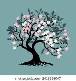 Blooming sakura tree. Hand drawing. Not AI. Vector illustration