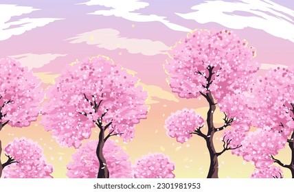 Blooming sakura trees against the evening pink sky with clouds. Vector image of a garden blooming with pink flowers and crumbling petals.