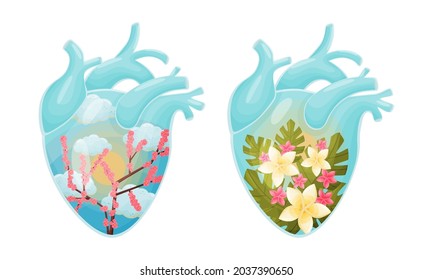 Blooming sakura and tropical plants inside human hearts set vector illustration