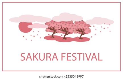 Blooming sakura under clouds and red sunset sun on white. Banner, invitation, postcard for Sakura Festival - color vector illustration