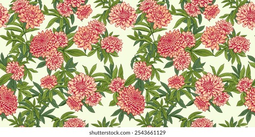 Blooming seamless exotic tropical pattern. Vector drawn illustration botanical. Abstract artistic orange flowers and green leaf print. Nature ornament for designs, wallpaper, fabric, fashion, textiles
