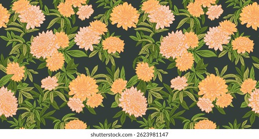 Florescendo sem emenda padrão tropical exótico. Ilustração de desenho vetorial botânica. Abstrato flores artísticas amarelas e impressão de folha verde. Natureza ornamento para desenhos, papel de parede, tecido, moda, têxteis
