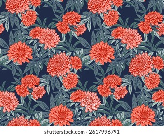 Blooming seamless floral pattern on a dark background. Abstract artistic chrysanthemum peonies dahlias flowers on branches leaves print. Vector drawn illustration. Nature ornament 
