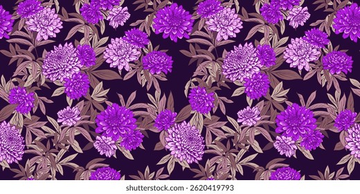 Patrón floral floreciente sin fisuras sobre fondo negro oscuro. Vector dibujado ilustración botánica. Abstractas flores violetas artísticas y estampado de hojas. Ornamento de Naturaleza para diseños