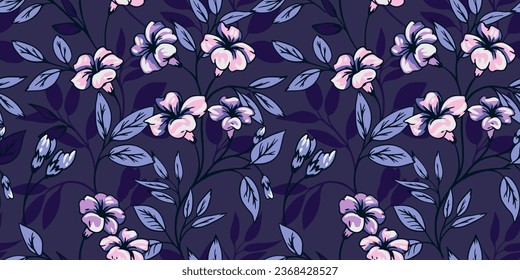 Blooming seamless pattern with artistic, abstract branches with flowers and leaves. Dark print with vector hand drawn ditsy flowers. Template for design, fabric, fashion, textile, wallpaper, cover.