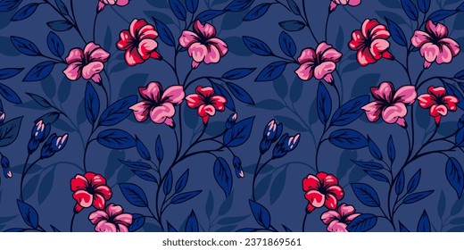 Blooming seamless pattern with artistic, abstract branches flowers and leaves. Dark print with vector hand drawn flowers. Template for design, fabric, fashion, textile, wallpaper, cover.