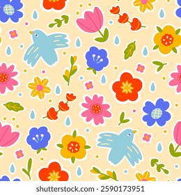 Blooming seamless pattern with a dove of peace in flight with different flowers. Hand drawn in a childish naive doodle style. Folk modern Scandinavian motif. Colorful cute trendy background