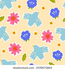 Blooming seamless pattern with a dove of peace in flight with different flowers. Hand drawn in a childish naive doodle style. Folk modern Scandinavian motif. Colorful cute trendy background