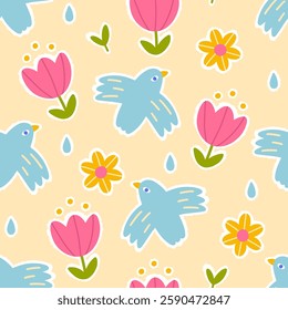 Blooming seamless pattern with a dove of peace in flight with different flowers. Hand drawn in a childish naive doodle style. Folk modern Scandinavian motif. Colorful cute trendy background