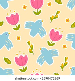 Blooming seamless pattern with a dove of peace in flight with different flowers. Hand drawn in a childish naive doodle style. Folk modern Scandinavian motif. Colorful cute trendy background