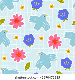 Blooming seamless pattern on the grill with a dove of peace in flight with different flowers. Hand drawn in a childish naive doodle style. Folk modern Scandinavian motif. Colorful trendy background