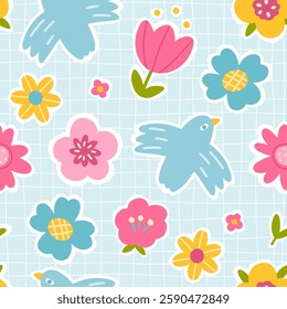 Blooming seamless pattern on the grill with a dove of peace in flight with different flowers. Hand drawn in a childish naive doodle style. Folk modern Scandinavian motif. Colorful trendy background