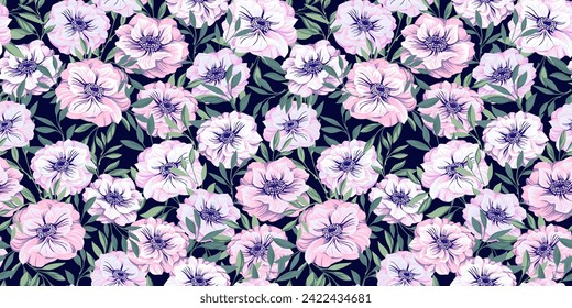 Blooming seamless pattern with Ranunculus, Trollius asiaticus, Globe flower. Purple floral vector drawn illustration on dark black background. Abstract, artistic flowers and branches leaves print
