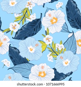 Blooming seamless vector floral pattern,Sky blue  and fresh summer background with tropical flowers, palm leaves, jungle leaf, hibiscus, forest  paradise flower hand drawing in Hawaiian style