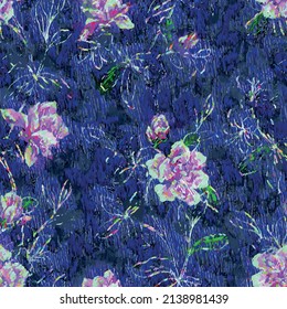 Blooming seamless vector pattern on indigo background