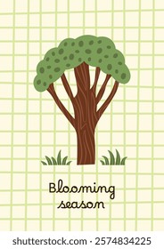 Blooming season. Poster or banner with trees and grass on checkered background. Spring summer vector floral greeting card with botanical elements.