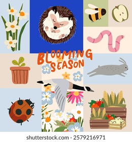 Blooming season vector retro banner. Hello Spring. Collection of floral, botanical, animals elements. Spring cartoon icon set. Blooming flowers, seedlings, seeds, insects