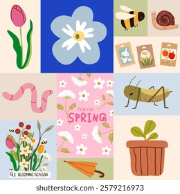 Blooming season vector retro banner. Hello Spring. Collection of floral, botanical, animals elements. Spring cartoon icon set. Blooming flowers, seedlings, seeds, insects