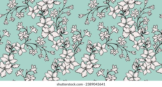 Blooming simple branches flowers in a intertwined seamless pattern. Vector hand drawn sketch. Pastel mint floral print. Template for design