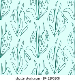 Blooming snowdrops. Cute green spring flowers. Hand-drawn Seamless vector pattern. Doodle style.