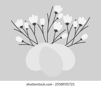 Blooming sprigs and Easter Eggs Floral composition in grayscale. Greeting cards or leaflets template