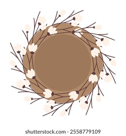 Blooming sprigs empty birds nest in trendy soft shades. Spring design element. Copy space template