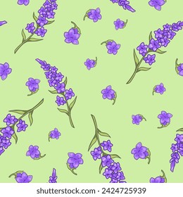 Blooming sprigs of lavender with flowers. Provence aromatic plant. Floral design motif for clothing, bedding and home decor items. Wallpaper or background print, seamless pattern. Vector in flat style