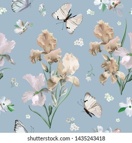 Blooming Spring Colorful Iris Flowers and Butterflies Pattern Background. Seamless Fashion Print in vector