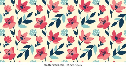 Blooming spring endless wallpaper with flowers. Retro light tones. Cottagecore aesthetic Ideal for fabric or digital designs. Spring is coming concept. Bloom time seamless background