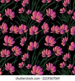 Blooming spring or fall meadow seamless pattern. Plant background for fashion, wallpapers, print. Blue and green flowers on navy. Liberty style floral. Trendy floral design