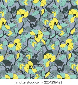 Blooming spring or fall meadow seamless pattern. Plant background for fashion, wallpapers, print. Blue and green flowers on navy. Liberty style floral. Trendy floral design