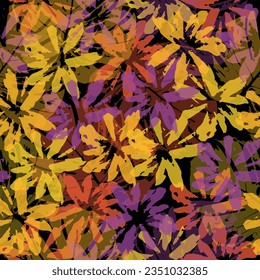 Blooming spring or fall meadow seamless pattern.  Printing with in hand drawn style on black background.