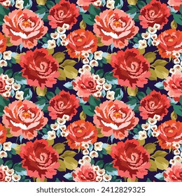 La primavera o el otoño florecientes se elevaron sin problemas. Planta de fondo para moda, tapices, imprimir. Flores rojas y coralinas en la marina. Estilo de libertad floral. Diseño floral de moda, a mano