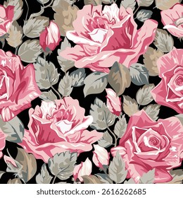 Blooming spring or fall rose seamless pattern. Plant background for fashion, wallpapers, print. Pink and light pink roses. Liberty style floral. Trendy floral design, handdrawn