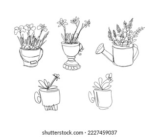 Blooming spring flowers crocuses, lavender, daffodils, daisy and pansy lineart collection. Perfect for T-shirt, sticker, poster. Doodle vector illustration for decor and design.



